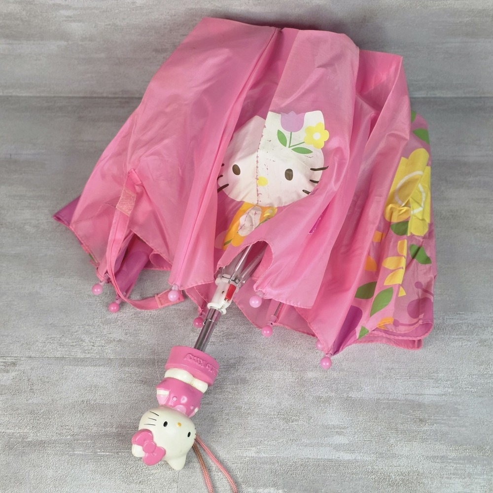Vintage Sanrio 2006 Hello Kitty Kids Pink Umbrella Molded Handle Compact